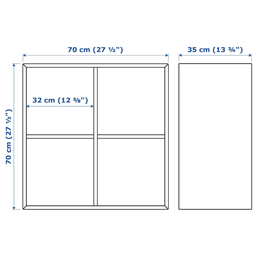 A compact white cabinet with four spacious compartments, measuring 27 1/2x13 3/4x27 1/2 inches. Ideal for organizing books, decor, or household items, its sleek, modern design suits any room, offering both style and practicality.