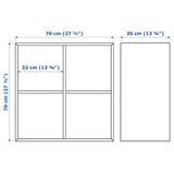 A compact white cabinet with four spacious compartments, measuring 27 1/2x13 3/4x27 1/2 inches. Ideal for organizing books, decor, or household items, its sleek, modern design suits any room, offering both style and practicality.