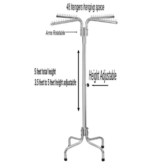 Height-adjustable rust-proof cloth hanging stand with 48 hooks and rotatable arms.