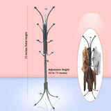 Height-adjustable steel coat hanger stand with rust-resistant silver chrome finish.