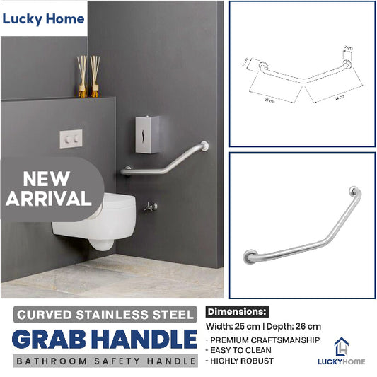 Curved stainless steel grab handle with a chrome-plated finish, measuring 25 cm in width and 26 cm in depth, designed for durability and easy cleaning