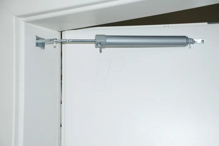 Silver adjustable air storm door closer with speed adjustment and 10-inch length, suitable for various door types.