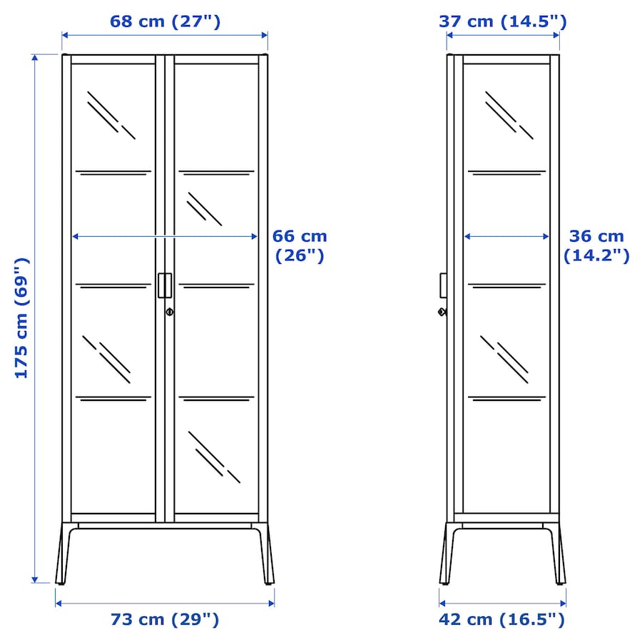 A stylish anthracite glass-door cabinet measuring 28 3/4x68 7/8 inches. Features adjustable glass shelves for customizable storage, a secure lock for safety, and a cable outlet for integrated lighting, making it perfect for showcasing glassware and collectibles while enhancing any room's decor.