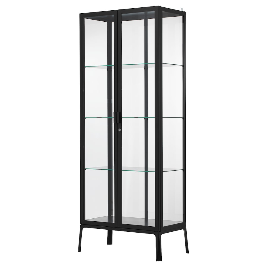 A stylish anthracite glass-door cabinet measuring 28 3/4x68 7/8 inches. Features adjustable glass shelves for customizable storage, a secure lock for safety, and a cable outlet for integrated lighting, making it perfect for showcasing glassware and collectibles while enhancing any room's decor.