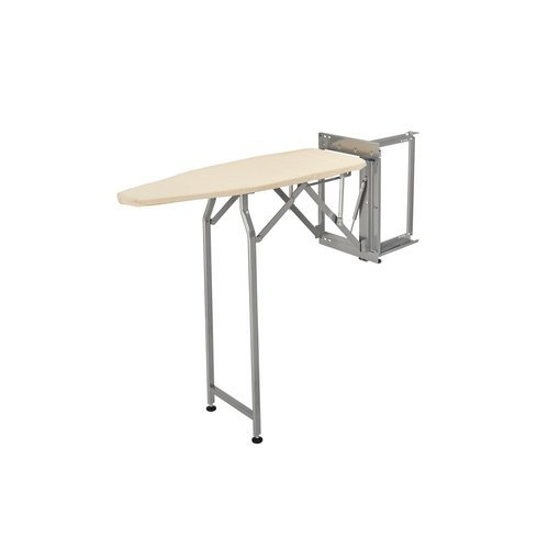 Folding ironing board with swivel and compact design.