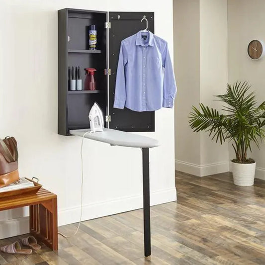 
Wall-mounted foldable ironing board with mirrored door, storage shelves, and hooks for a stylish and organized space.