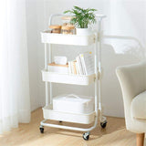 3-tier kitchen trolley rack with a high-quality metal frame and sturdy ABS shelves, featuring smooth-rolling wheels and a convenient handle for easy mobility and storage organization