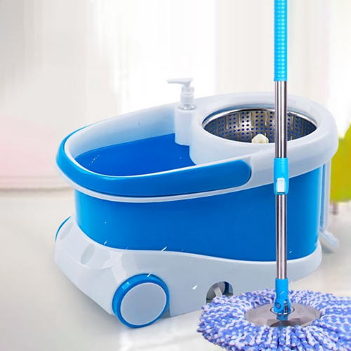 360° Magic Spin Mop with durable stainless steel parts, adjustable telescopic pole, and easy-move bucket with large wheels