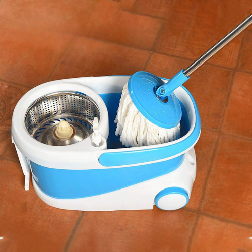 360° Magic Spin Mop with durable stainless steel parts, adjustable telescopic pole, and easy-move bucket with large wheels