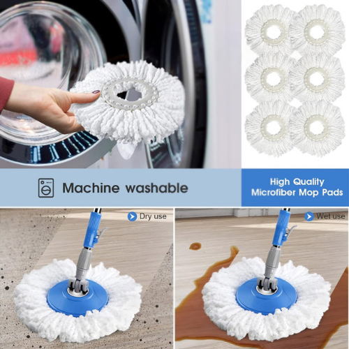 360° Magic Spin Mop with durable stainless steel parts, adjustable telescopic pole, and easy-move bucket with large wheels