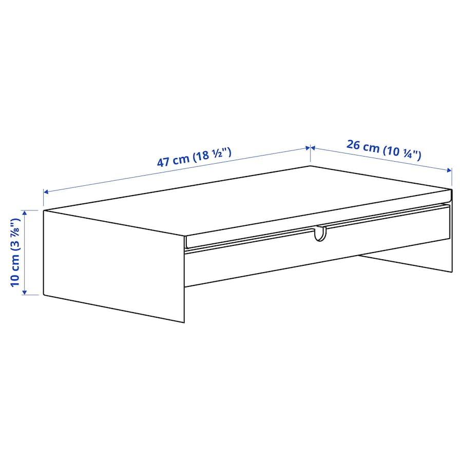 A white monitor stand with a drawer, measuring 10x47x26 cm. Made of durable bamboo with a white aluminum frame, it features compartments for organizing office supplies and a space to store a keyboard. The ergonomic design helps reduce neck and shoulder strain while providing cable management for a tidy workspace.