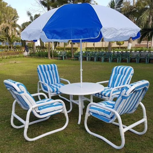 Waterproof garden chair set featuring 4 chairs, 1 table, and 1 umbrella, made from durable PVC-coated fabric for all-weather use."