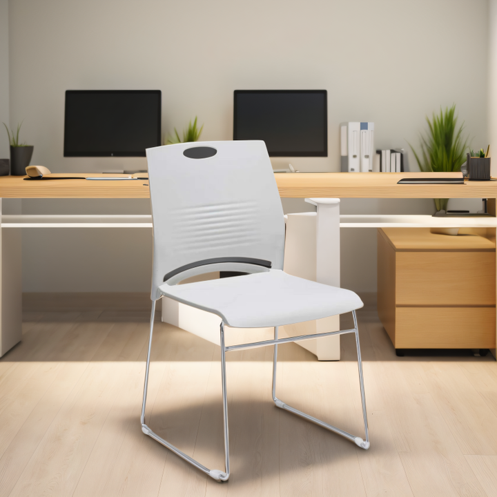 Modern stackable plastic chair available in four colors, perfect for office, training rooms, and dining spaces.