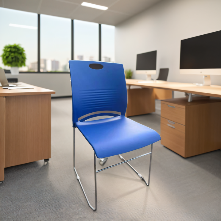 Modern stackable plastic chair available in four colors, perfect for office, training rooms, and dining spaces.