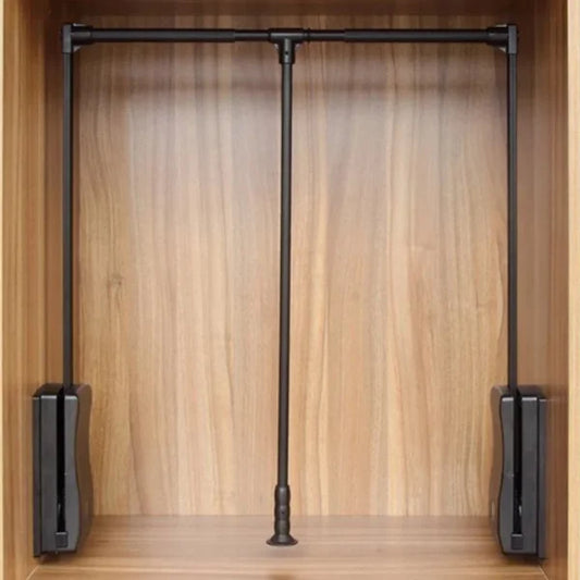 Adjustable wardrobe pull-down hanger with durable aluminum construction and sleek black finish.