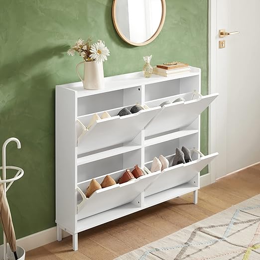 White 4-compartment shoe cabinet with a slim design, measuring 37 3/4 inches wide, 6 3/4 inches deep, and 35 3/8 inches high, perfect for organized and space-saving shoe storage