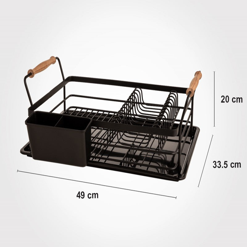 Single-tier dish rack with wooden handles, perfect for compact kitchen organization and dish drying.