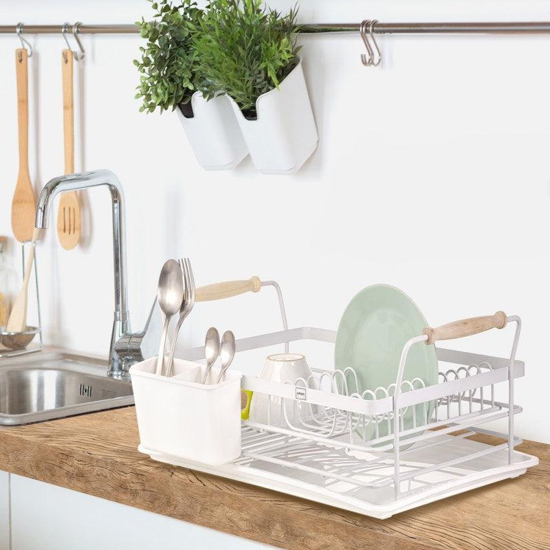 Single-tier dish rack with wooden handles, perfect for compact kitchen organization and dish drying.