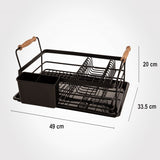 Single-tier dish rack with wooden handles, perfect for compact kitchen organization and dish drying.