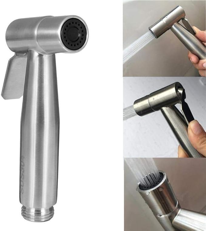 Stainless Steel Muslim Toilet Shower with 120 CM hose chain, brushed finish, adjustable water pressure, and lever handle, made from SUS304 stainless steel.