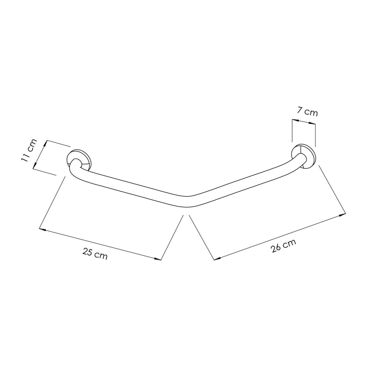 Curved stainless steel grab handle with a chrome-plated finish, measuring 25 cm in width and 26 cm in depth, designed for durability and easy cleaning