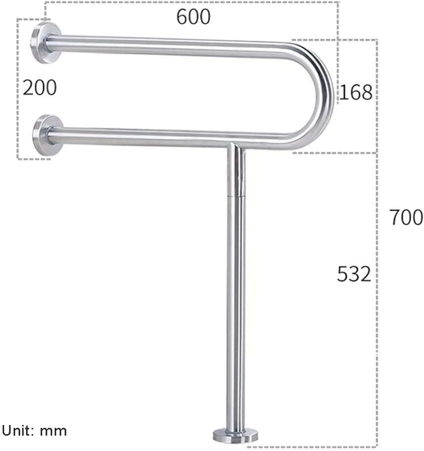 Wall-mounted stainless steel safety grab bar with U-shaped handle for bathroom support, 70 cm length.