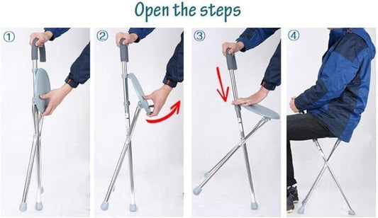 Lightweight 2-in-1 walking stick with seat, foldable and portable, designed for seniors and patients for support and comfort.