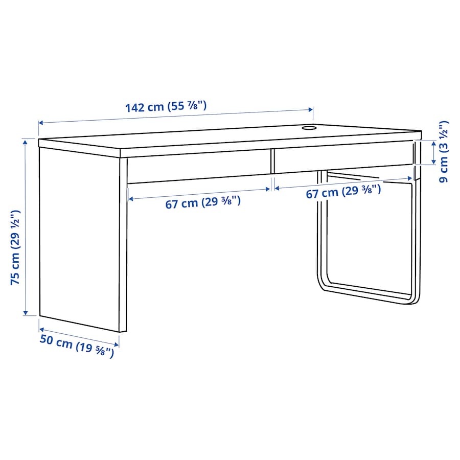 A spacious white desk measuring 55 7/8x19 5/8 inches. Features include a long tabletop suitable for two users, cable outlets for organized cord management, adjustable legs for versatile placement, and drawer stops for added safety. The finished back allows for placement anywhere in the room.