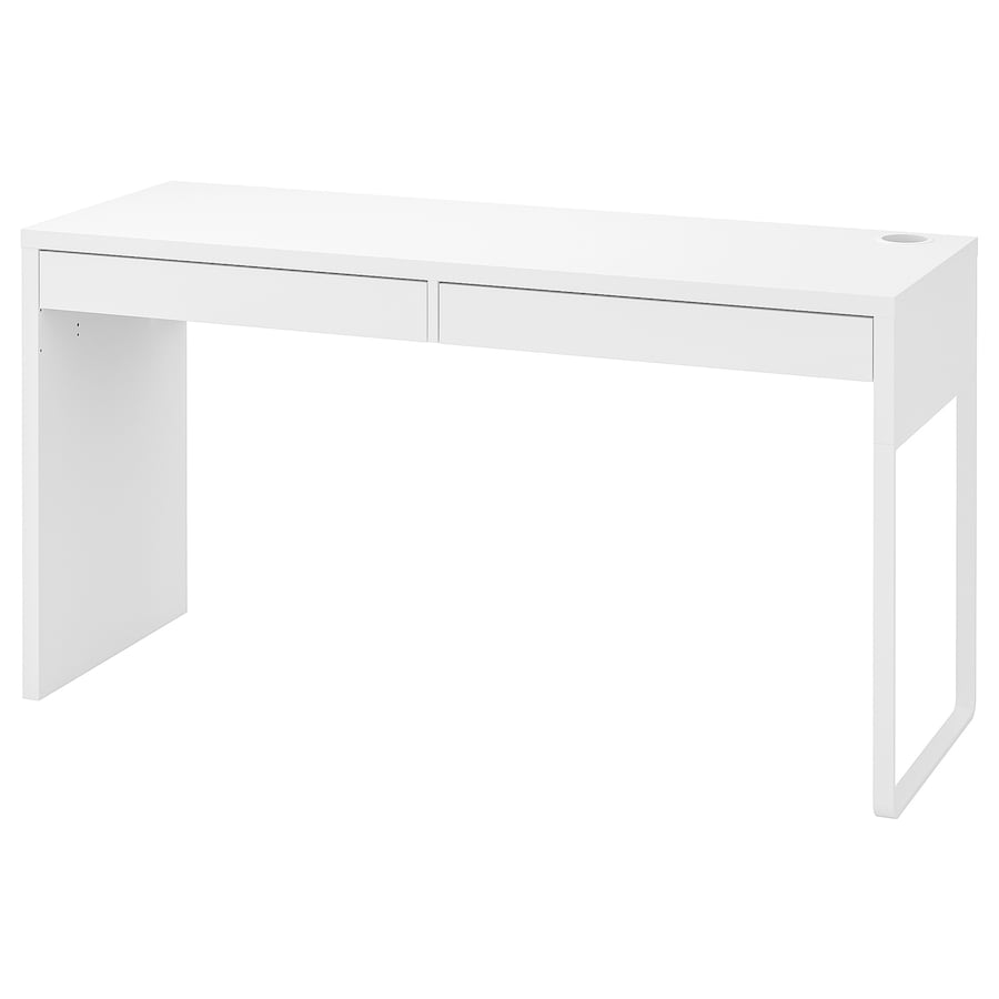 A spacious white desk measuring 55 7/8x19 5/8 inches. Features include a long tabletop suitable for two users, cable outlets for organized cord management, adjustable legs for versatile placement, and drawer stops for added safety. The finished back allows for placement anywhere in the room.