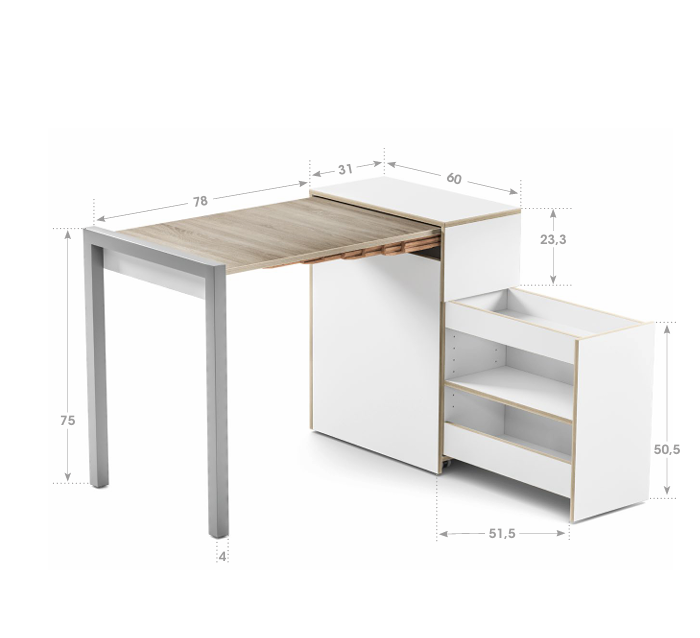 Compact pull-out table cabinet with integrated storage shelves and metal leg.