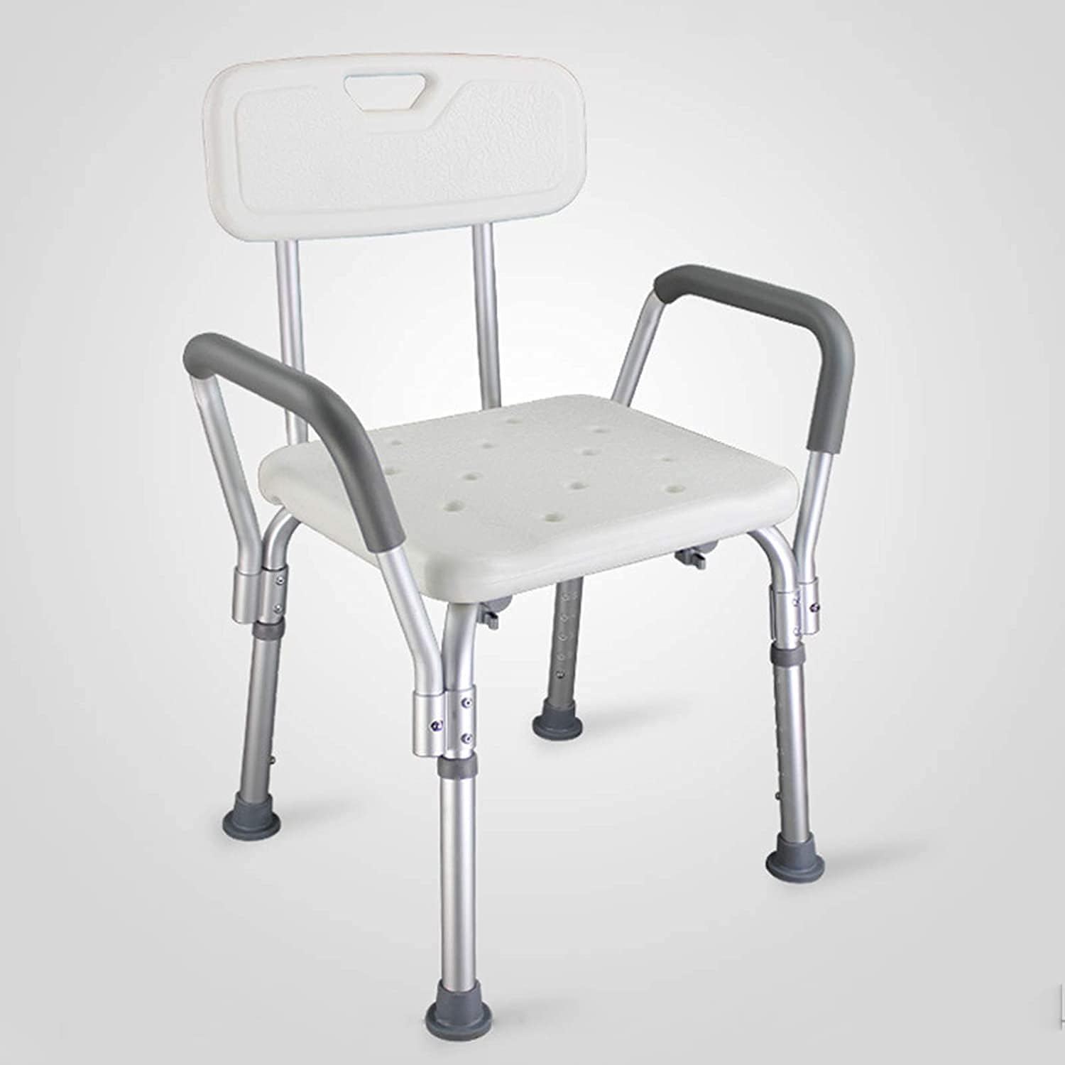 Adjustable bath chair with supportive backrest and non-slip seat surface, designed for accessibility and safety in bathroom environments