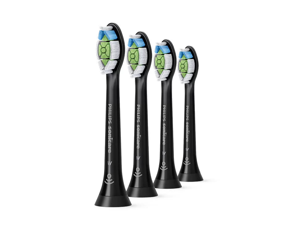 Philips HX6064/96 W2 Optimal White Toothbrush Heads in black, with medium bristles for effective plaque removal, gum health, and teeth whitening.