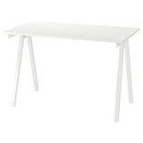 TROTTEN white desk measuring 120x70 cm with sleek A-shaped legs, designed to fit in small spaces and maximize under-desk storage for a chair and other items.