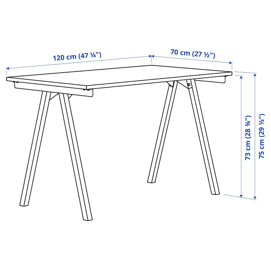 TROTTEN white desk measuring 120x70 cm with sleek A-shaped legs, designed to fit in small spaces and maximize under-desk storage for a chair and other items.