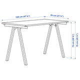 TROTTEN white desk measuring 120x70 cm with sleek A-shaped legs, designed to fit in small spaces and maximize under-desk storage for a chair and other items.