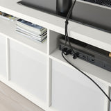 A modern white TV unit, also serving as a media console and entertainment stand, measuring 57 3/4x23 1/2 inches. It features spacious shelving for electronics and decorative items, combining style and functionality in any living space.