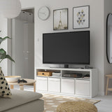 A modern white TV unit, also serving as a media console and entertainment stand, measuring 57 3/4x23 1/2 inches. It features spacious shelving for electronics and decorative items, combining style and functionality in any living space.