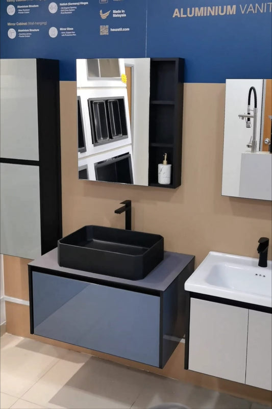 Modern aluminum vanity with a sleek top mount basin and a versatile cabinet mirror, offering durable construction and ample storage space for a stylish and functional bathroom upgrade