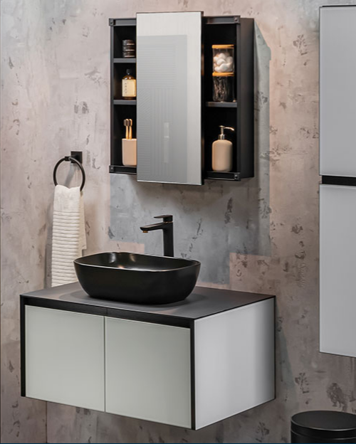 Modern aluminum vanity with a sleek top mount basin and a versatile cabinet mirror, offering durable construction and ample storage space for a stylish and functional bathroom upgrade