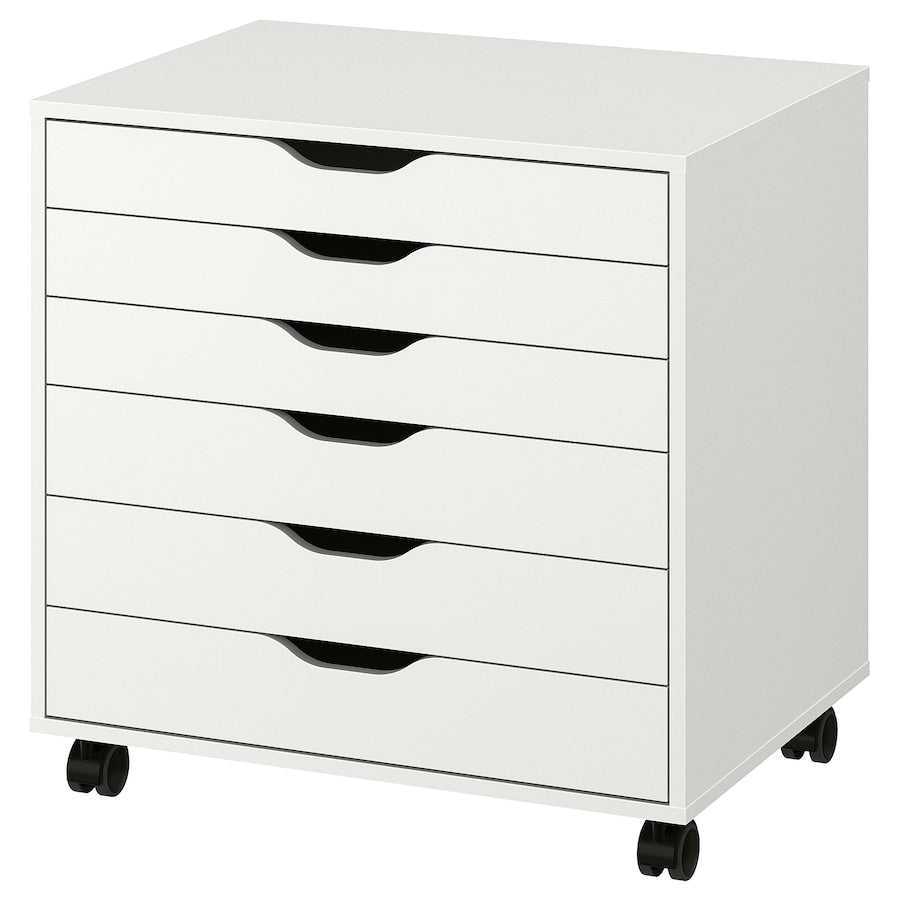 A white drawer unit on casters, measuring 26 3/8x26 inches, featuring multiple drawers for organized storage. Ideal for home offices or craft spaces, it combines mobility with modern design, making it easy to keep essentials accessible and your space clutter-free.