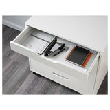 A white drawer unit on casters, measuring 26 3/8x26 inches, featuring multiple drawers for organized storage. Ideal for home offices or craft spaces, it combines mobility with modern design, making it easy to keep essentials accessible and your space clutter-free.