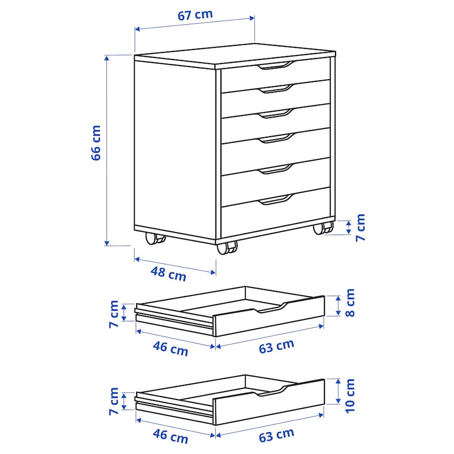 A white drawer unit on casters, measuring 26 3/8x26 inches, featuring multiple drawers for organized storage. Ideal for home offices or craft spaces, it combines mobility with modern design, making it easy to keep essentials accessible and your space clutter-free.